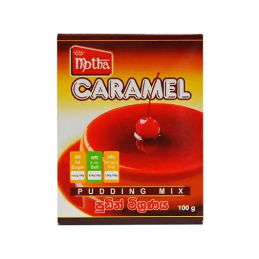 Box of Motha Caramel Pudding Mix with a cherry on top on a white background