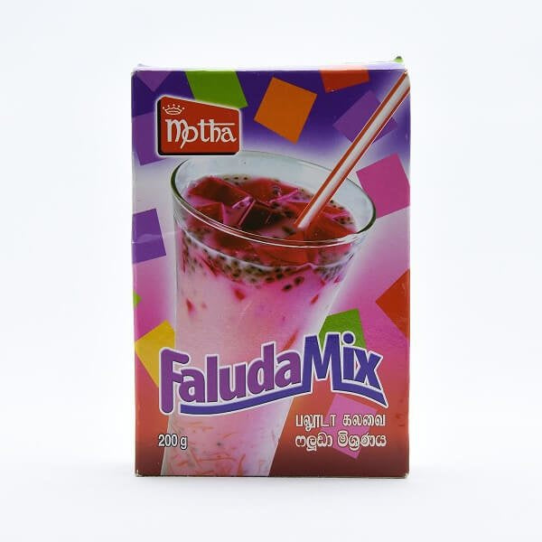 Box of Faluda Mix with colorful design and glass of faluda on a white background