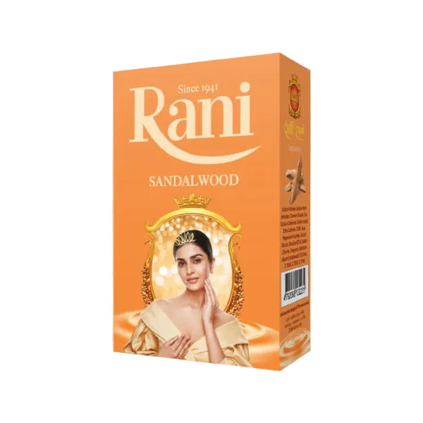 Rani Sandalwood product packaging with a woman's face on an orange background