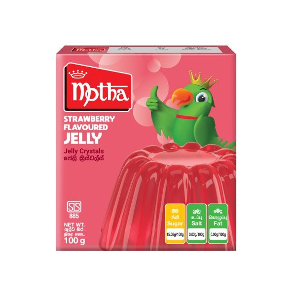 Motha strawberry-flavored jelly package with a green parrot character on a white background