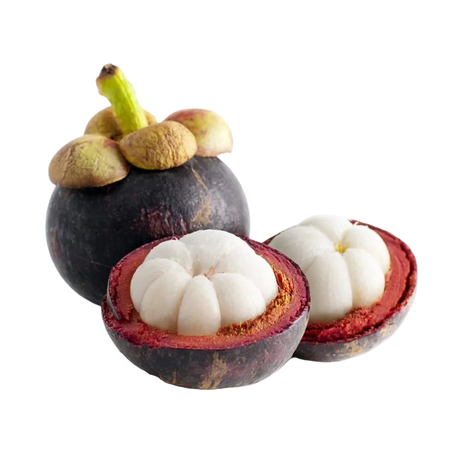 Mangosteen fruit with a cut open one showing its white flesh on a white background