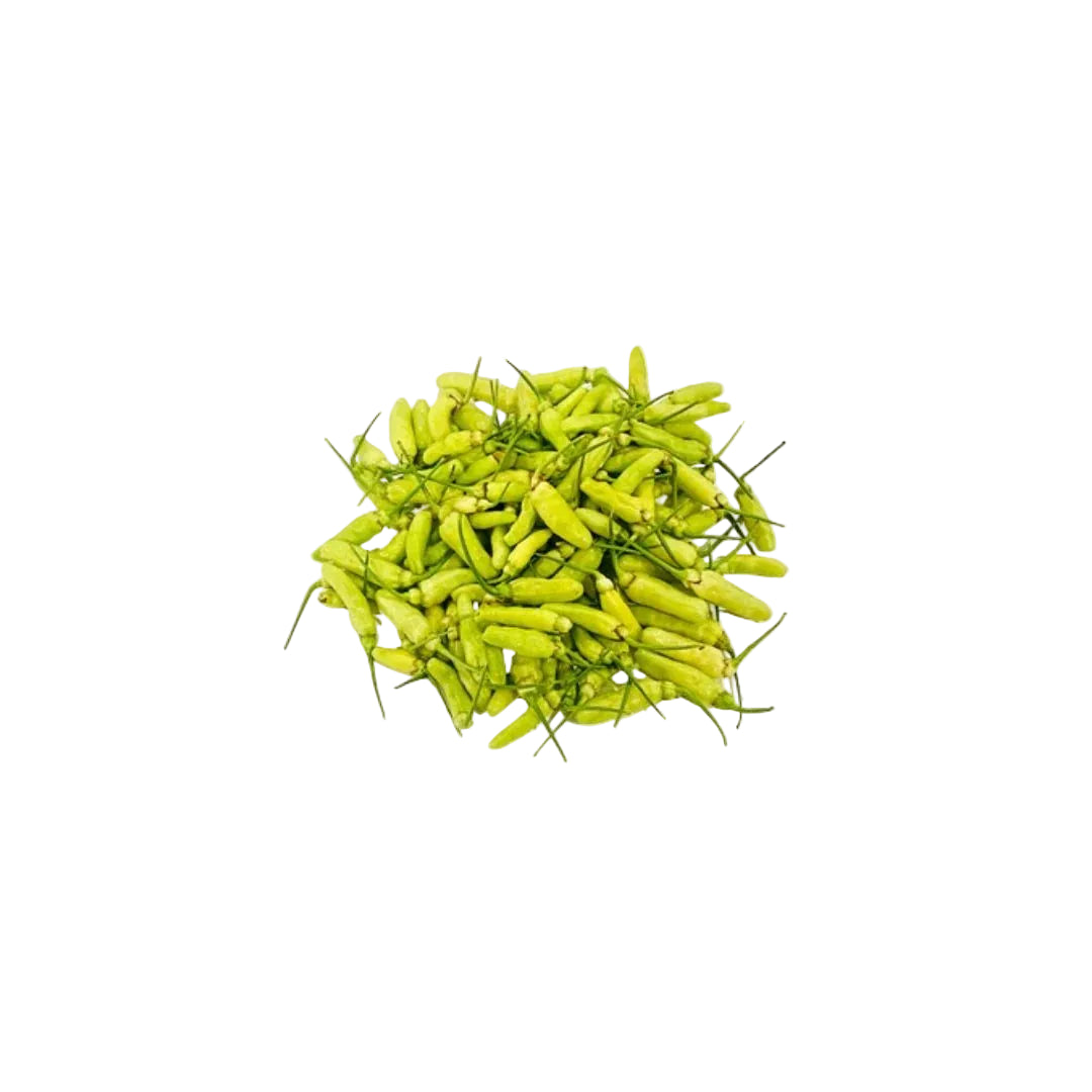 Green chilies on a white background with a brand logo and text.