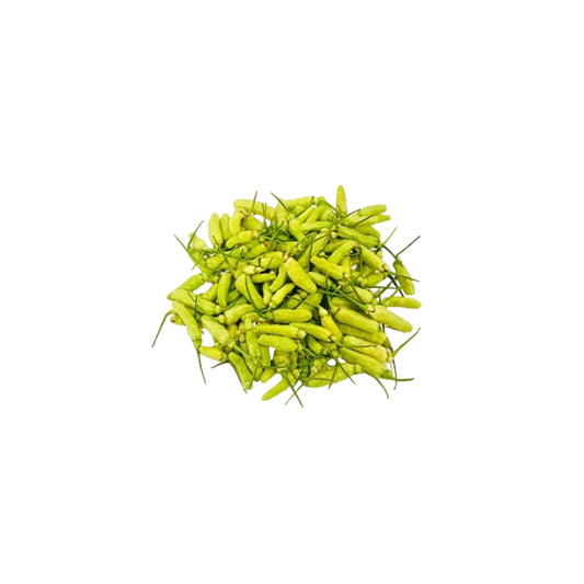 Green chilies on a white background with a brand logo and text.
