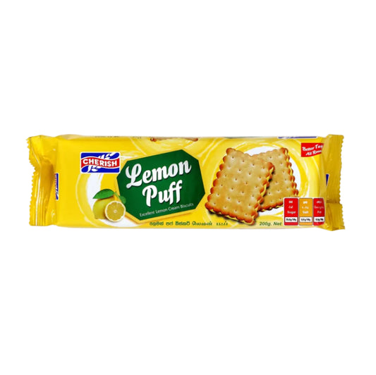 Pack of Lemon Puff crackers with yellow packaging on a white background