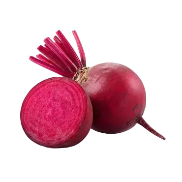 Whole and halved beetroot on a white background