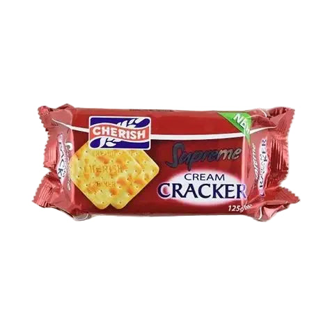 Packaged cream cracker with 'Cherish' branding on a white background