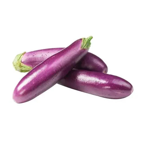 Three purple eggplants on a white background