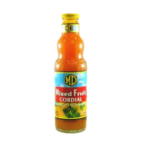 Bottle of MD Mixed Fruit Cordial on a white background