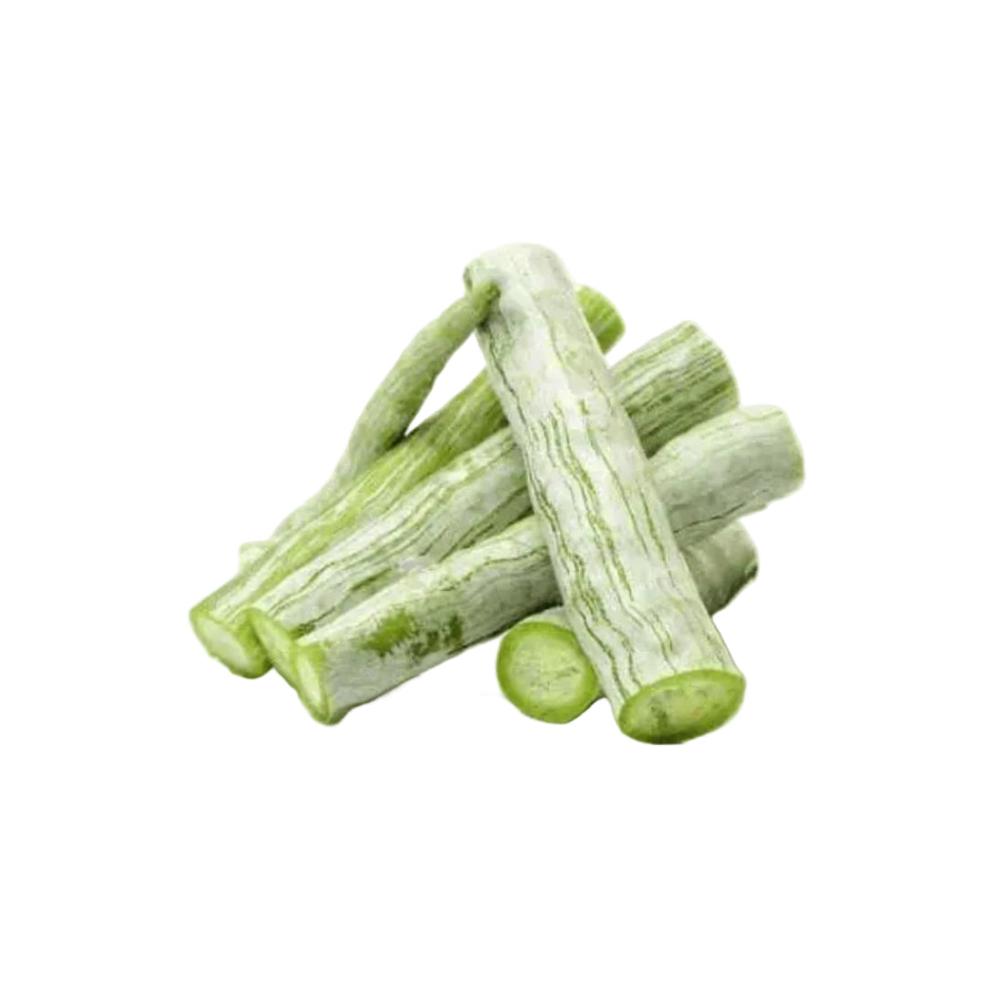 Green vegetable sticks on a white background with a brand logo at the top.