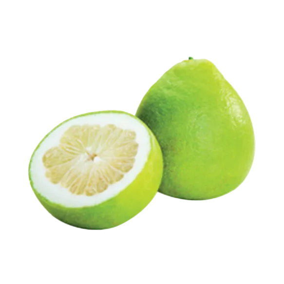 Green pomelo fruit and half-cut pomelo on a white background