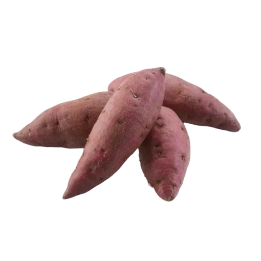Three purple sweet potatoes on a white background