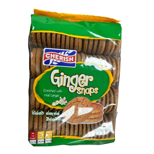 Packaged ginger snaps with a visible brand logo on a reflective surface