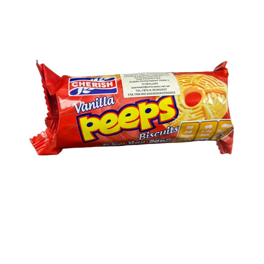 Packaged vanilla peeps biscuits on a wooden surface