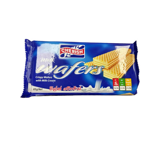 Pack of Cherish milk wafers on a wooden surface