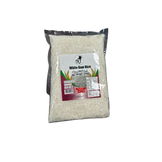 Packaged white raw rice with a label on a dark surface