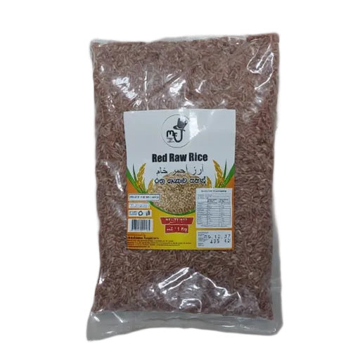 Packaged red raw rice with a label on a white background