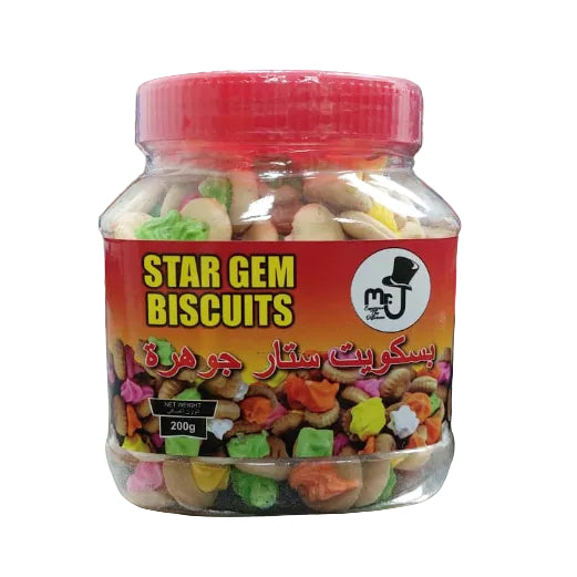 Jar of Star Gem Biscuits with colorful packaging on a black surface.