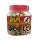 Jar of Star Gem Biscuits with colorful packaging on a black surface.