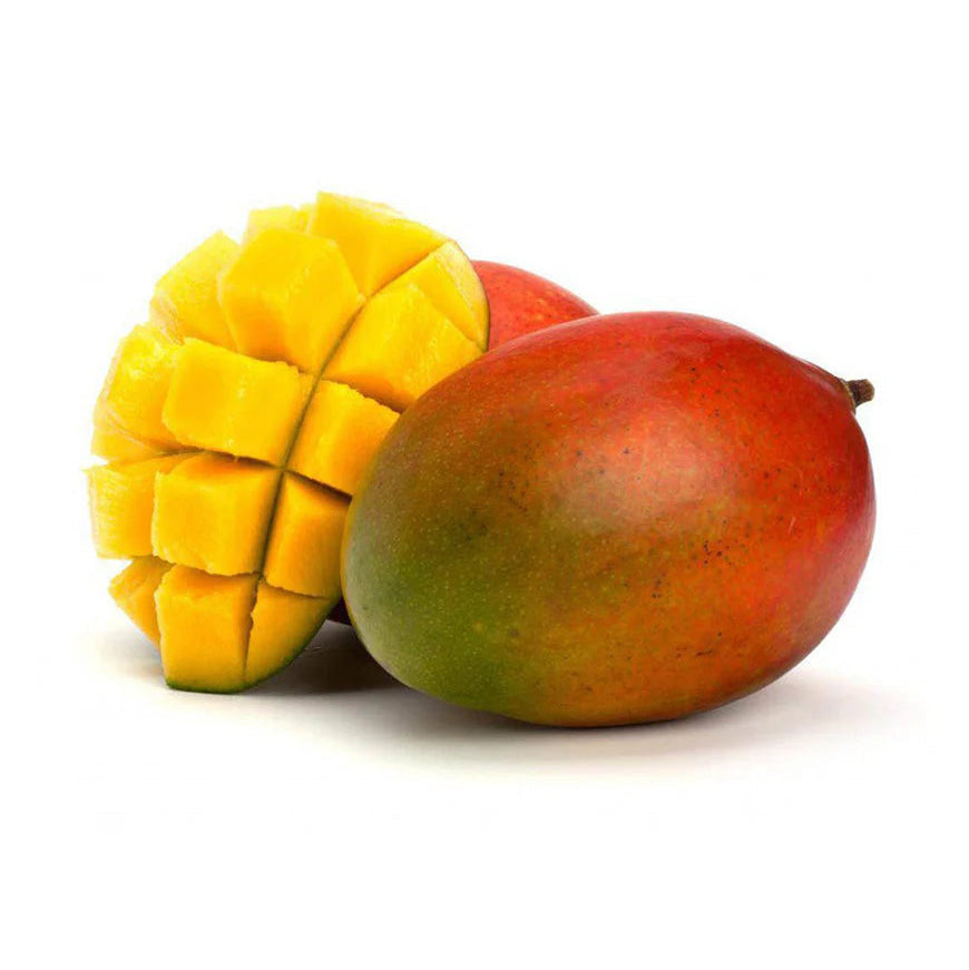 Whole and sliced mangoes on a white background